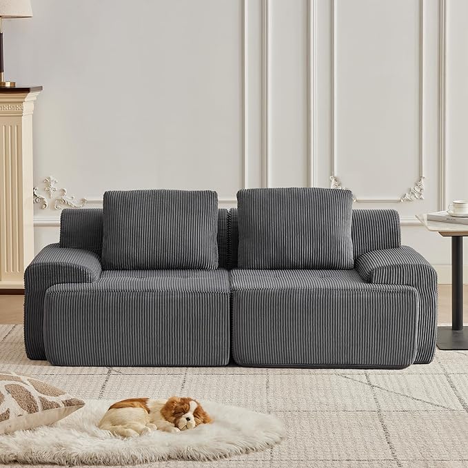Modular Sectional Sofa with Movable Ottoman, 2 Seat Deep Seat Couch with 2 Pillows, Comfy Cloud Sectional Sofa for Living Room, Bedroom and Apartment (Grey, 2 Left+2 Right)