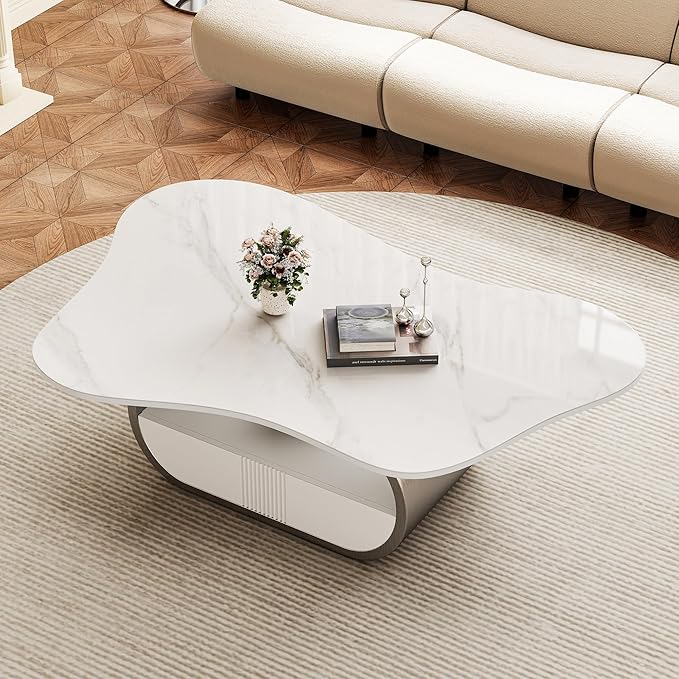 Glintee 41.7 Inch Marble Coffee Table with Storage Drawer, Modern Butterfly Design, Sintered Stone Top and Gray Stainless Steel Base for Living Room, Scratch Resistant and Easy Assembly
