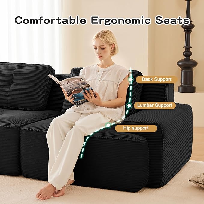 Casaphoria 150'' Corduroy Cloud Couch, 4-Seat L-Shaped Sectional Sofa with 4 Pillows & Ottoman for Living Room, Deep Seat Boneless Couch for Modern Apartment, No Assembly Required, Black