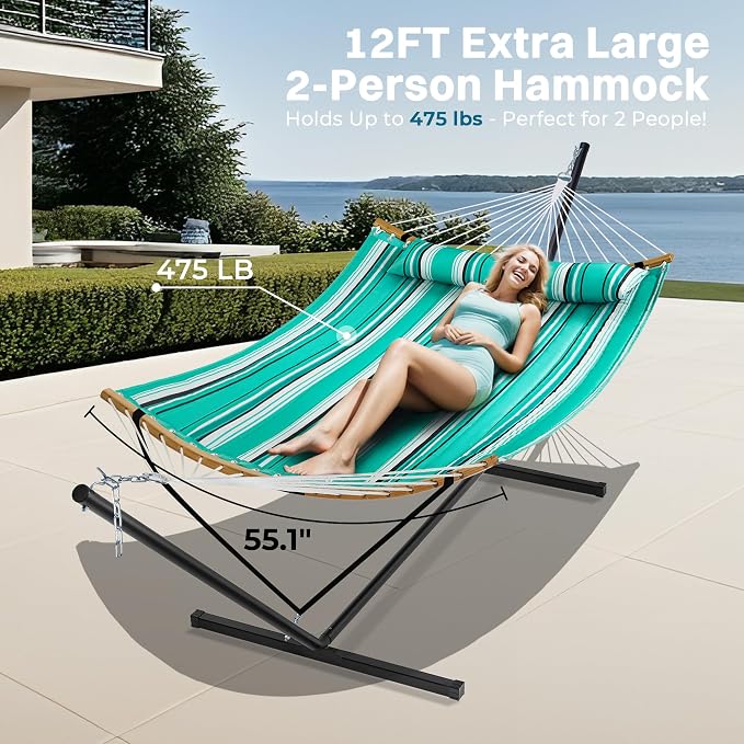 SUPERJARE Hammock with Stand, 2 Person Heavy Duty Hammock with Padded Cotton, Detachable Pillow & Strong Curved-Bar & Portable Carrying Bag, Perfect for Outdoor & Indoor, Mint Green with Stripes - Image 2