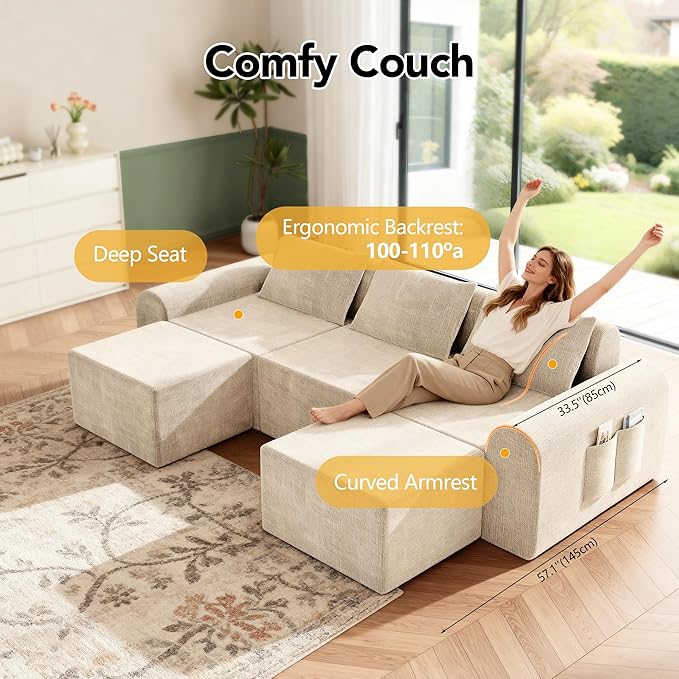 Cloud Modular Sectional Sofa, No Assembly Deep Seat Chenille Couch with 2 Ottomans, 3-Seater Modular Sofa for Living Room, Beige