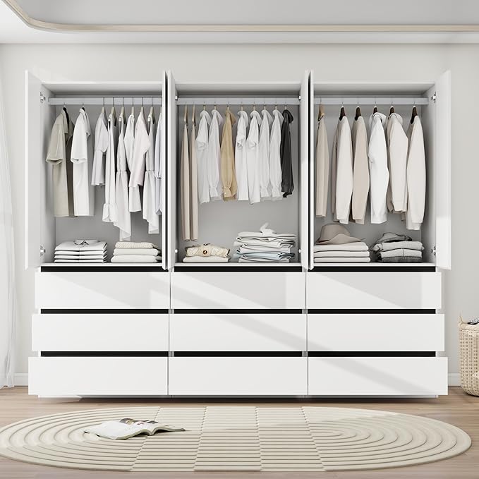 Armoire Wardrobe Closet with Drawers：75" Large White Wardrobe Closet Cabinet with 6 Doors for Hanging Clothes, Modern Wooden Bedroom Armoires with 9 Drawers and Storage (B+B+B, 94.5")