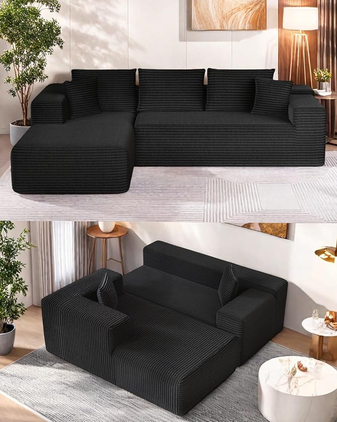 L-Shape Cloud Sectional Sofa, 104” Modern Modular Boneless Couch with Right Chaise Lounge, Compressed Floor Sofa with 5 Pillows & Deep Seat, Flannel Velvet Couch for Living Room, Black