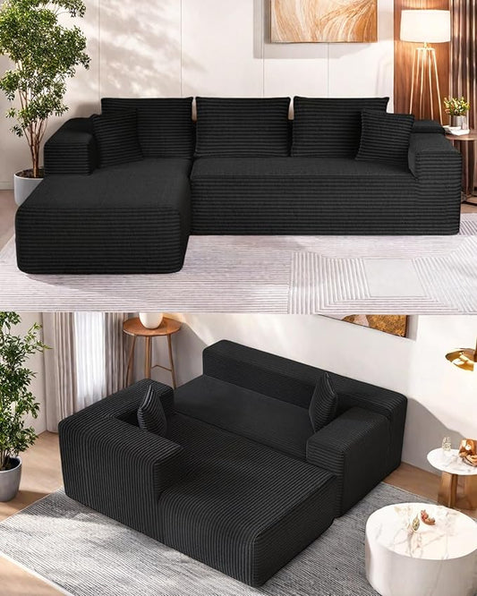 L-Shape Cloud Sectional Sofa, 104” Modern Modular Boneless Couch with Right Chaise Lounge, Compressed Floor Sofa with 5 Pillows & Deep Seat, Flannel Velvet Couch for Living Room, Black