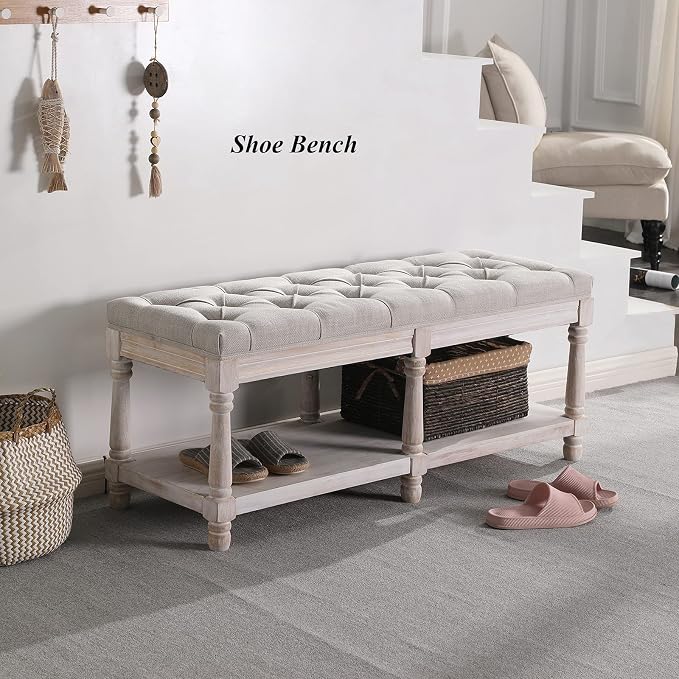Mid Century Tufted Storage Bench with Shelf, Linen Upholstered Farmhouse Entryway Shoe Bench Ottoman Bed End Stool with Padded Seat, Rustic Bench for Bedroom Living Room Dining Room, Beige - Image 4