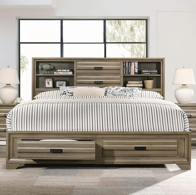 Roundhill Furniture Loiret Light Grey Finish Wood Storage Platform Queen Bedroom Set with Dresser, Mirror, Two Nightstands, Chest