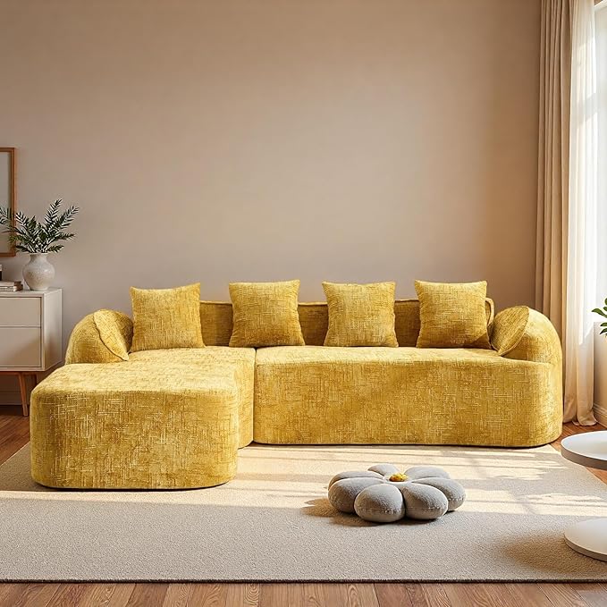 L Shaped Compression Sofa, Modular Couch with Curved Armrests & 4 Coordinating Pillows, Modern 101'' Chenille 4 Seater Sofa with Wide Seat for Living Room, Bedroom, No Assembly, Yellow