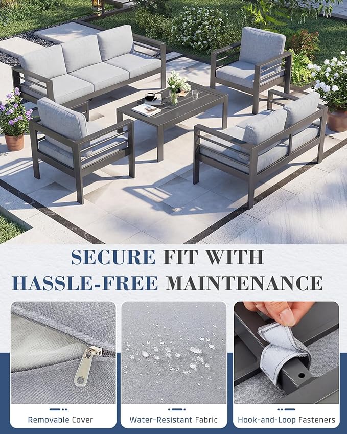 AECOJOY Aluminum Patio Furniture Set, 7 Seats Modern Outdoor Furniture with Coffee Table, 5 Pieces Metal Conversation Sectional Sofa, Light Gray