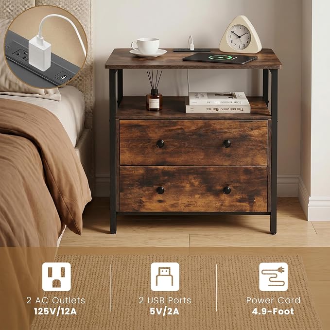 Edbuosy 27 inch Wide Night Stand Set 2 with Charging Station, Bedside Table with Open Shelf, 2 Drawers Small Wood Dresser, Modern Wood Nightstand for Bedroom/Living Room (Retro Brown) - Image 4