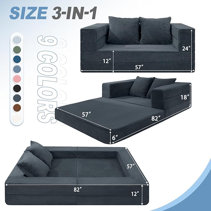 Futon Sofa Bed with Pillow, 3-in-1 Sleeper Sofa Bed with Removable Cover, Convertible Floor Sofa Bed, No Assembly Boneless Couch for Living Room, Bedroom