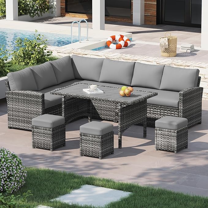 U-MAX 7 Pieces Patio Furniture Set, Outdoor Sectional Sofa Conversation Set, All Weather Wicker Rattan Dining Table & Chair with Ottoman, Grey Rattan&Grey Cushion