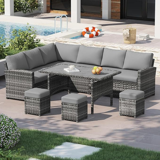 U-MAX 7 Pieces Patio Furniture Set, Outdoor Sectional Sofa Conversation Set, All Weather Wicker Rattan Dining Table & Chair with Ottoman, Grey Rattan&Grey Cushion
