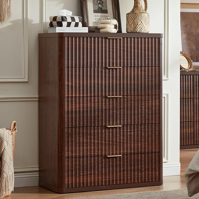 LEYAOYAO Fluted 5 Drawers Dresser for Bedroom, 41" Tall Modern Chest of Drawers with Metal Handle, Curved Profile Farmhouse Closet Organizer Wood Dressers TV Stand for Living Room, Hallway, Walnut by LEYAOYAO-Findtheshiningpointofyourideallife%EF%BC%81