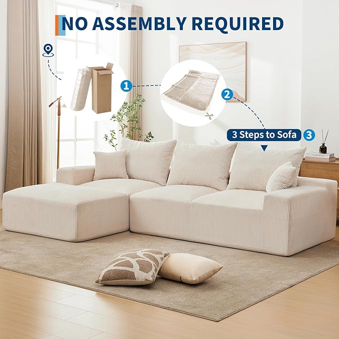 110" Modular Sectional Sofa Couches for Living Room, Cloud Memory Boneless Couch, No Assembly Required,Comfy Cloud 3-Seater Couch with Chaise, Memory Foam Sofa for Offices, Bedroom and Apartment