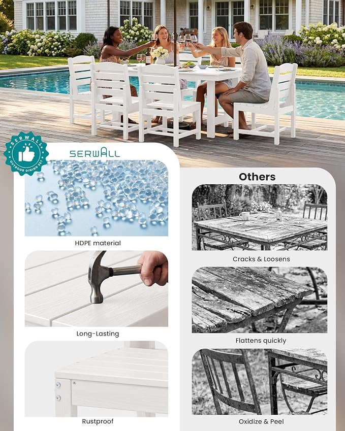 SERWALL Patio Dining Sets for 10 Person, HDPE Dining Set with 2 Tables, 8 Armless Chairs and 2 Armed Dining Chairs, White - Image 9