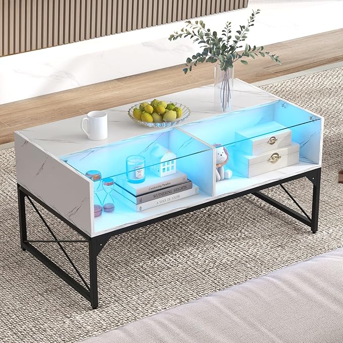 Giantex LED Coffee Table, High Gloss Coffee Tables with 4 Storage Cubes, 20-Color Lights, Remote Control, Faux Marble & Tempered Glass Top, Modern Accent Rectangle Center Table for Living Room (White)
