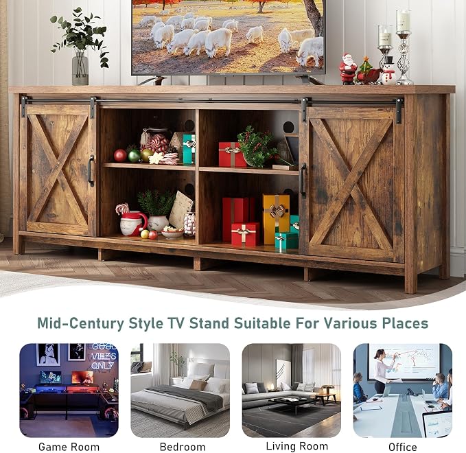 70" Farmhouse TV Stands for 70 75 80inch TV w/Adjustable Shelves,Sliding Barn Door.Wooden Entertainment Center,TV Console Cabinet with Storage for Bedroom Living Room(Brown 70in) - Image 7