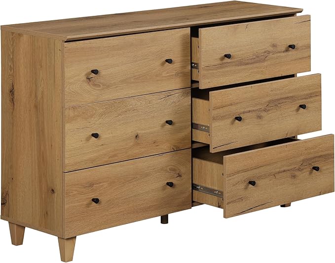 WAMPAT Dresser and Nightstand Set of 2, 47.2 Inches Wood Dresser with 6 Drawers, 1 Piece Nightstand with Drawers and Charging Station, Bedroom Furniture Set, Oak Brown