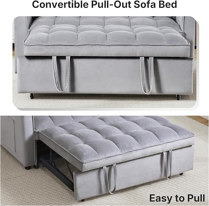 Rovibek 3 in 1 Sleeper Sofa Bed, 53'' Pull Out Couch Convertible Futon Loveseat with Adjustable Backrest, Velvet Sleeper Chaise Lounge Futon for Apartment Office Small Space, Grey