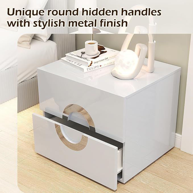 Modern Nightstand with 2 Drawers,Grey Night Stands with Circular Handle Design,Wood Bed Side Tables Bedroom,High-Gloss Side End Table for Bedroom, Living Room, and Small Spaces,Easy Assembly - Image 4