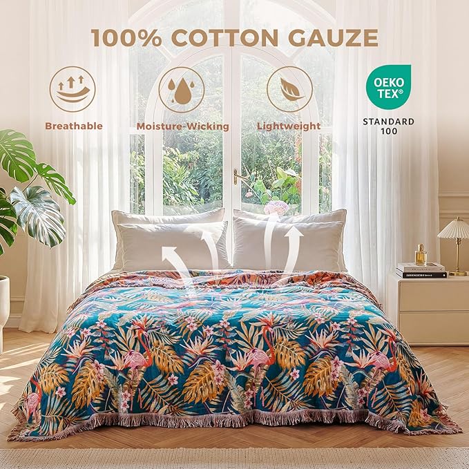 LUTBM Boho Throw Blanket for Couch Sofa Chair Cotton Spring Blankets for Bedroom Living Room All Season Lightweight Reversable Forest Embroidery Throws 50"x60"
