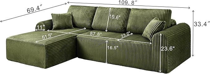 109-Inch L-Shaped Left Facing Boneless Corner Sofa 2 PCS Modular Sectional Cloud Sofa Couch with Chaise Lounge and Toss Pillow, Corduroy Boneless L-Shaped Couches