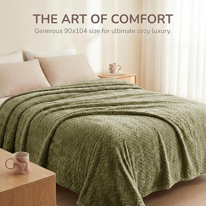 Exclusivo Mezcla King Blanket for Bed, Cozy Lightweight Fleece Blankets for All Season, Decorative Giftable Fuzzy Plush Wave Textured Suitable for Women, Men, Olive Green, 90x104 Inches