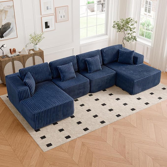 132 Inch U Shaped Modular Sectional Sofa with Dual Chaise, Oversized Corduroy Cloud Couch with Deep Seat, Boneless Modern Sofa for Living Room, No Assembly Required, Blue