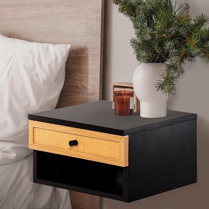 JONATHAN Y NST2000A Celerie 15.71" Mid-Century Modern Floating Wall Mounted Nightstand with Soft-Close Rattan Drawer and Cable Hole, Black/Light Oak by JONATHANY