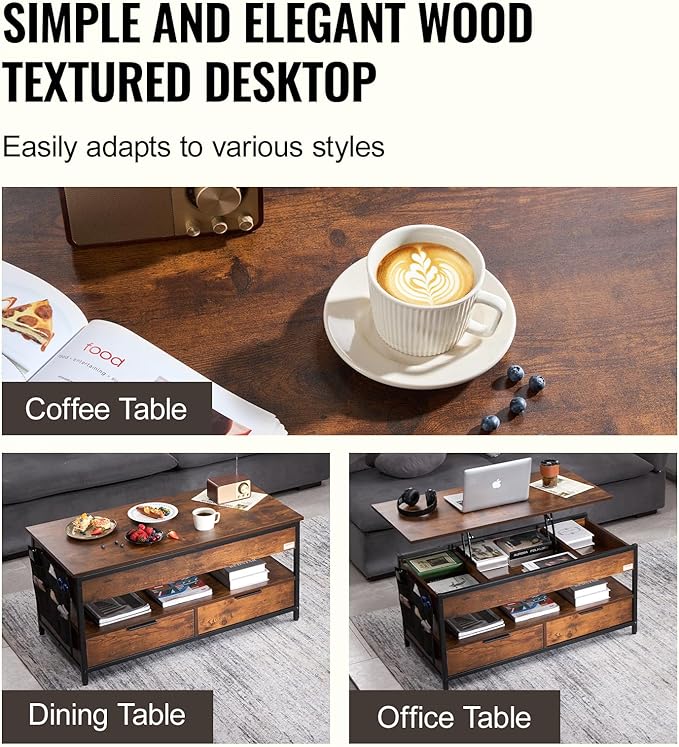 VEVOR Lift Top Coffee Table, 39.4 in Rectangle Coffee Table with Extra Storage Pockets, Pop Up Coffee Table with Power Strip & USB & Ambient Lighting for Living Room, Brown
