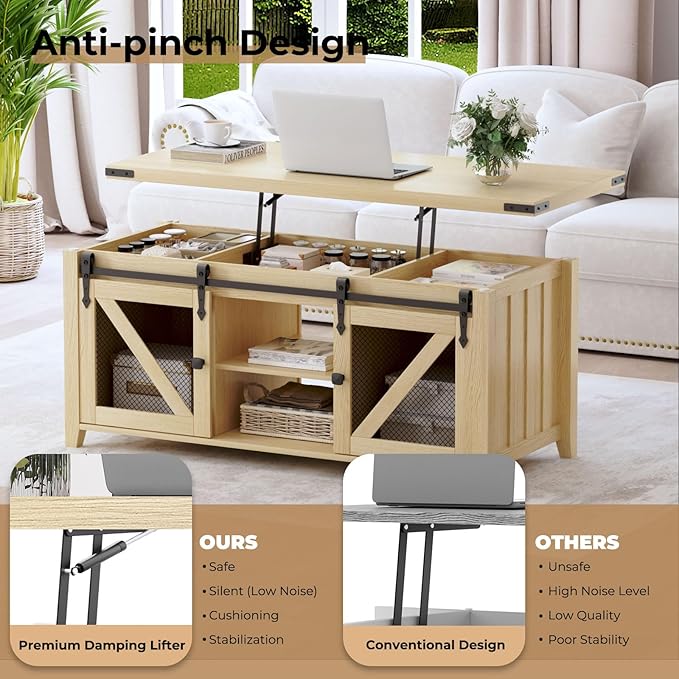 48" Farmhouse Lift Top Coffee Table with Storage, Sliding Barn Door, Large Hidden Compartment, Wooden Lifting Tabletop with Adjustable Shelf for Living Room, Office (Oak)