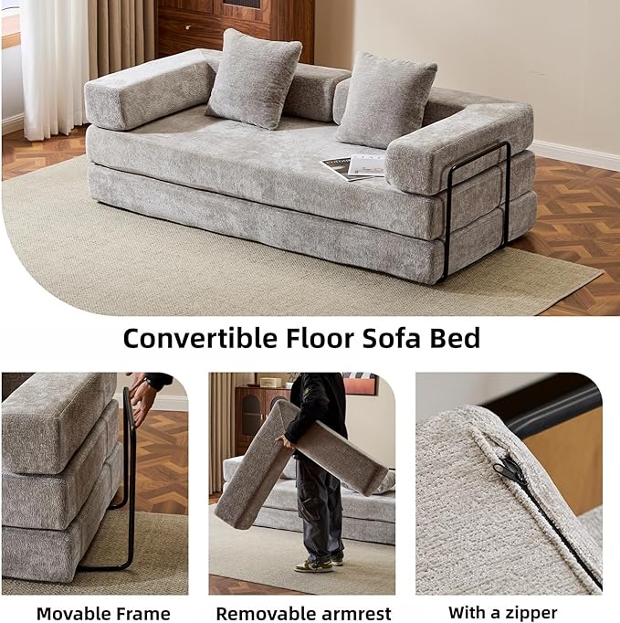 Convertible Floor Sofa Bed, Fold Out Floor Couch with Pillow Back & Armrest, Compressed Couch with Fixed-Shape Frame, Chenille Foldable Sleeper Sofa Bed for Living Room Bedroom, Light Grey