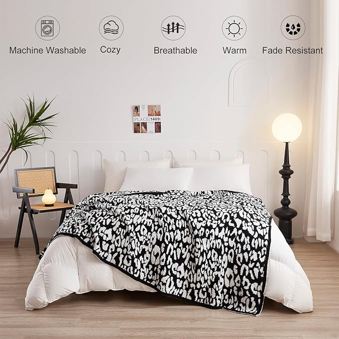 MH MYLUNE HOME Ultra Soft Leopard Throw Blanket (71x78 inches) Microfiber Blanket Plush Warm Reversible Cheetah Blanket Leopard Pattern Throw for Couch Bed Sofa, Black and White, 71"x78"