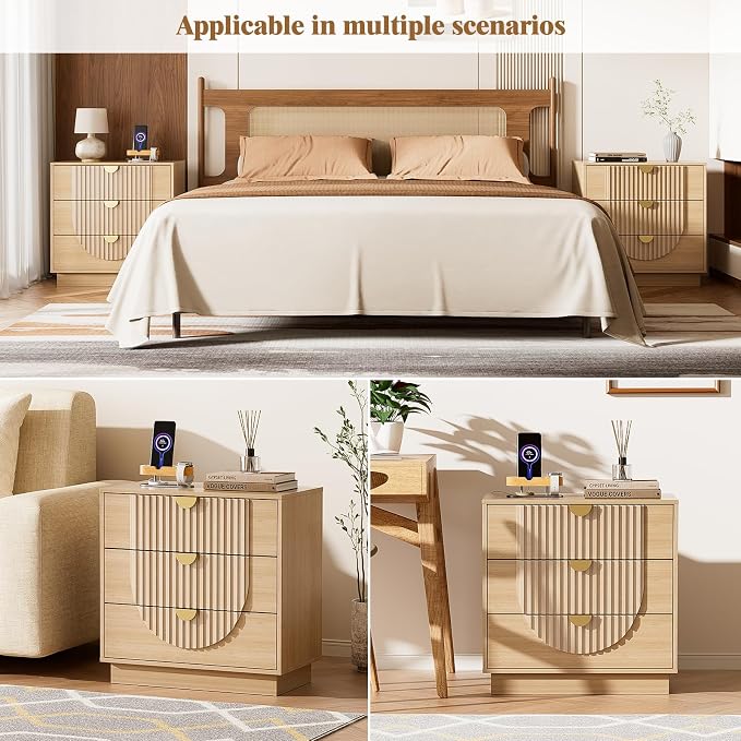 3 Drawer Nightstand with Charging Station,28" Fluted Night Stand & Modern Bedside Table, Wood End Table Storage Cabinet for Bedroom Hallway, Entryway,Caramel Brown Set of 2 - Image 6