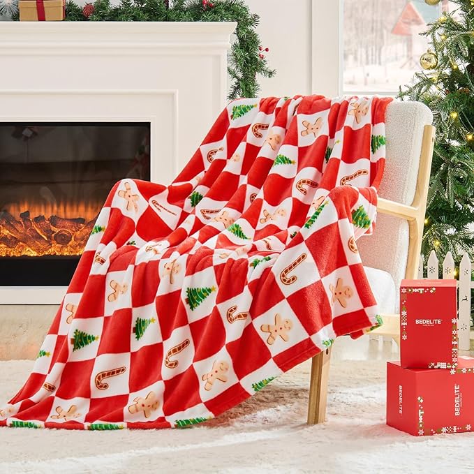 BEDELITE Christmas Throw Blanket ?€? Red and White Checkered Holiday Blanket with Gingerbread Man, Candy Cane & Christmas Tree Pattern, Soft Warm Fleece Christmas Blanket for Home D??cor & Gift, 50"x60"