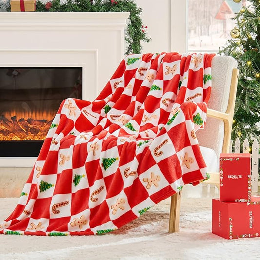 BEDELITE Christmas Throw Blanket ?€? Red and White Checkered Holiday Blanket with Gingerbread Man, Candy Cane & Christmas Tree Pattern, Soft Warm Fleece Christmas Blanket for Home D??cor & Gift, 50"x60"