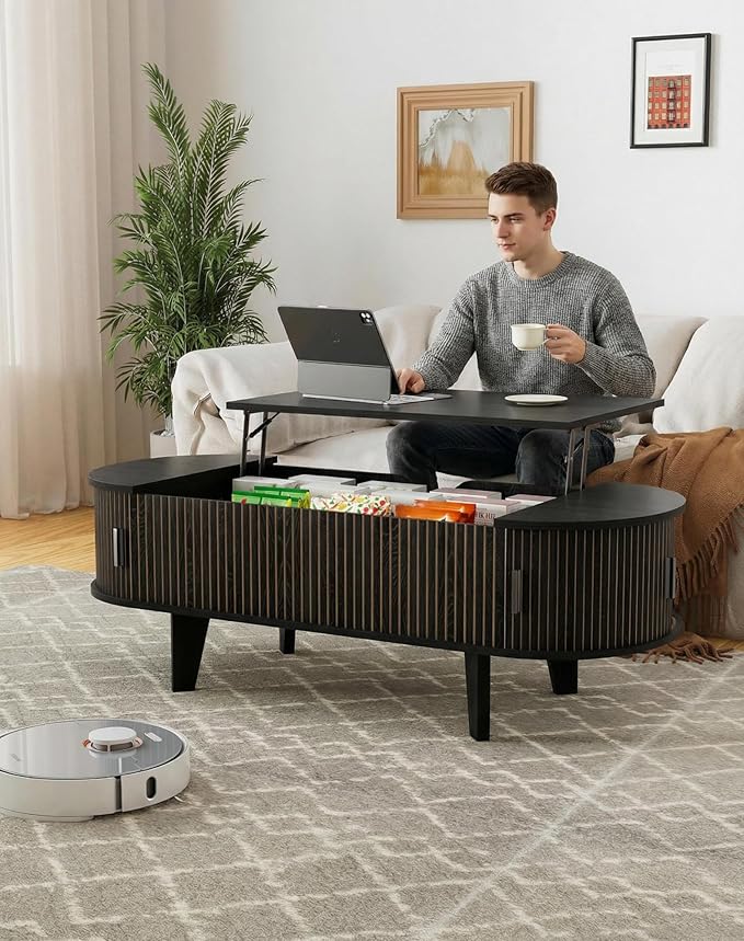 47.2" Oval Lift Top Coffee Table with Storage, Wood Fluted Coffee Table with 180° Sliding Tambour Door, Mid Century Modern Center Table for Living Room, Office, Black
