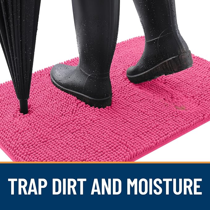 OLANLY Dog Door Mat for Muddy Paws 30x20, Absorbs Moisture and Dirt, Absorbent Non-Slip Washable Doormat, Quick Dry Chenille Mud Mat for Dogs, Entry Indoor Entryway Carpet for Inside Floor, Hot Pink - Image 2