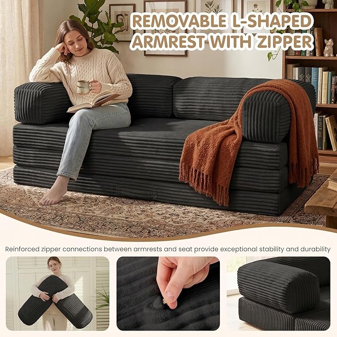 Folding Sofa Bed, Convertible Sleeper Chair with Pilow Foldable Matress, 2 in 1 Pull Out Loveseat Sofa Portable Fold Out Chair Bed Floor Couch Lounge for Living Room (Black, Queen-82"L x 60"W)