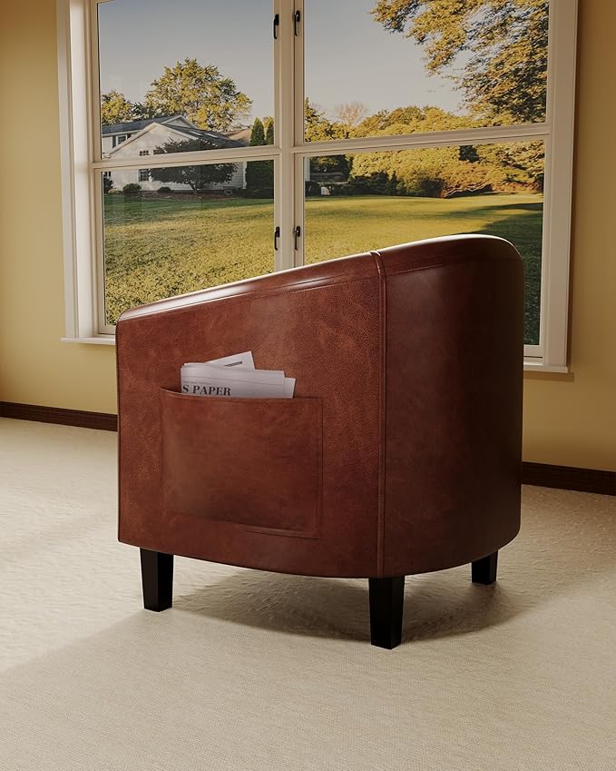 GarveeHome Accent Chairs Set of 2 Faux Leather Barrel Chair Club Armchair with Soft Seat for Living Room Bedroom Reading Waiting Room - Brown