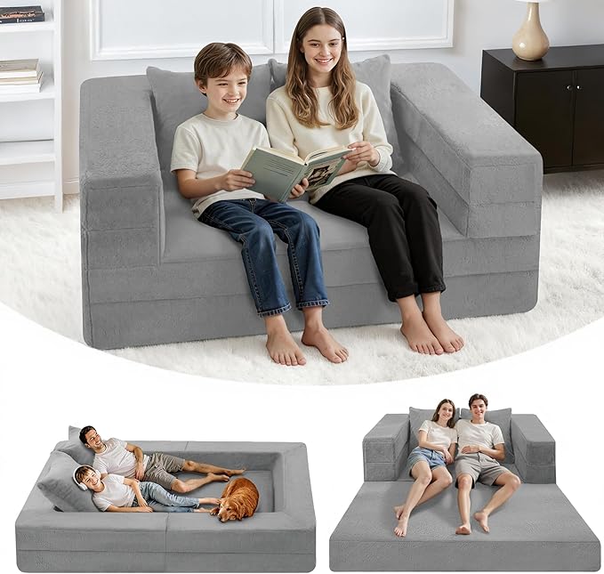 Futon Sofa Bed with Pillow, 3-in-1 Sleeper Sofa Bed with Removable Cover, Convertible Floor Sofa Bed, No Assembly Boneless Couch for Living Room, Bedroom