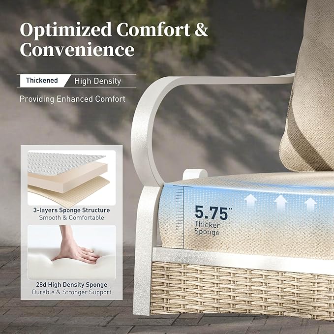 6 PCS Metal Outdoor Patio Furniture Set, Patio Conversations Sets 3-Seater Sofa, 2-Seater Sofa, 2 Rocking Chair with 5.75" Thick Cushion & Coffee Table White Backyard Furniture, Beige