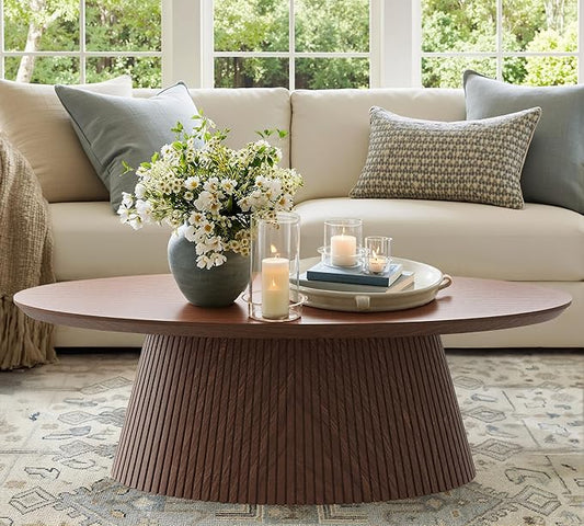 win2win Oval Coffee Table, Mid Century Modern Coffee Table with Fluted Design, Small Funky Tea Table with Wood Grain Veneer, Minimalist Center Table for Living Room, Apartment, Office, Walnut