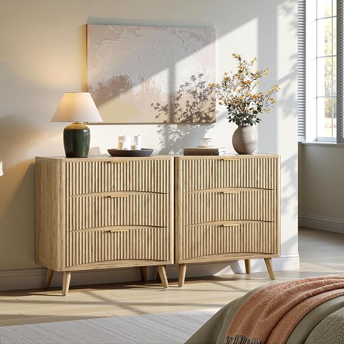 Evermagin 31.5" W Fluted Nightstand, Large Wood Night Stand, Mid Century Modern Bedside Table for Bedroom, Dorm, Oak - Image 5