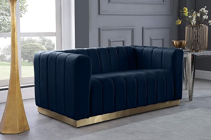 Meridian Furniture 603Navy-L Marlon Collection Modern | Contemporary Velvet Upholstered Loveseat with Deep Channel Tufting, Stainless Steel Base in a Brushed Gold Finish, Navy, 62.5" W x 34" D x 28" H