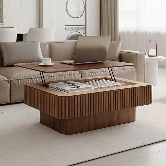 38.6'' Lift-top Coffee Table Solid Wood Veneered Center Table Rectangular Fluted Table with Storage and Adjustable Height for Living Room Apartment Office, Walnut