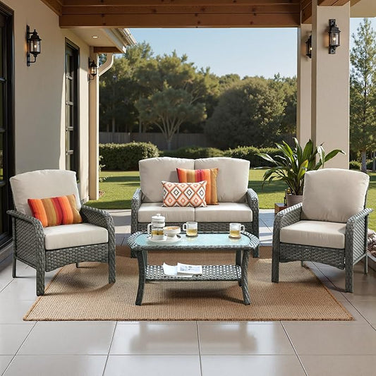 Weaxty Wicker Patio Furniture Set High Back Loveseat Sofa Couch Armchair Coffee Table, All Weather Rattan 4 Pieces Outdoor Conversation Sets for Patio Porch Deck Backyard Poolside, Beige