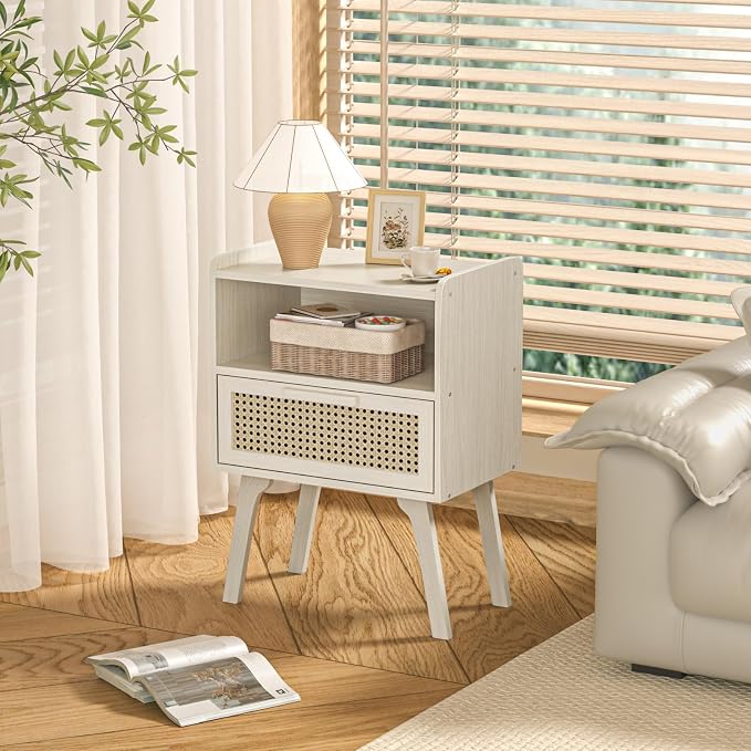 Lerliuo Rattan Nightstand, Side Table with Drawer Open Shelf, Cane Accent Bedside End Table with Solid Wood Legs, Mid Century Modern Night Stand for Bedroom, Dorm and Small Spaces (Grey White) - Image 7