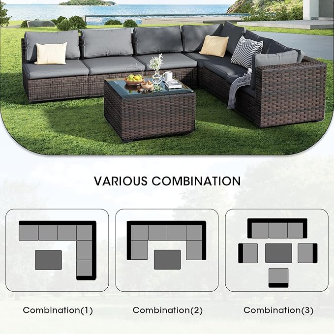 Patio Furniture Set 7 Pieces, Rattan Outdoor Sectional Conversation Sets, All Weather Outdoor Furniture Set with Cushions for Garden Lawn Balcony Porch Deck Grey