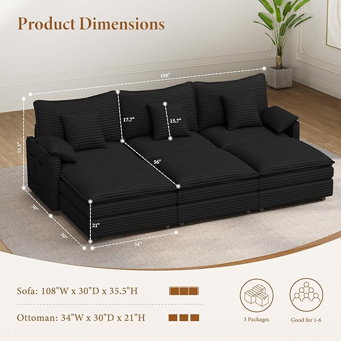 Vesgantti 108" Sectional Sleeper Sofa, 6-Seater Oversized Modular Cloud Couch with Movable Ottoman, Corduroy Large Sofa Bed Convertible Deep Seat Couches for Living Room, Bedroom and Apartment, Black